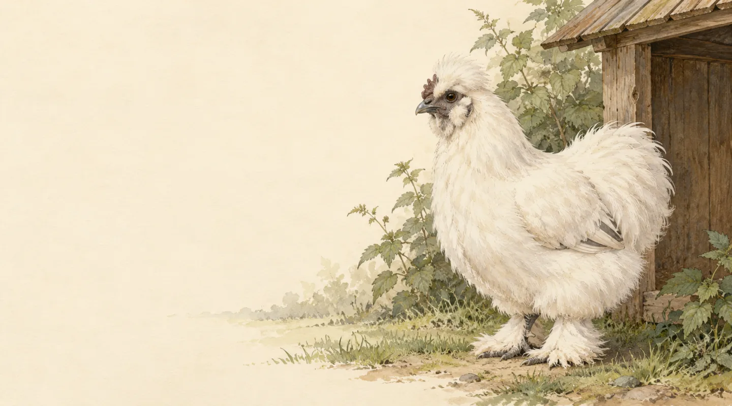 Illustration naturaliste d’une poule soie blanche au plumage duveteux, à face sombre, près d’un petit abri en bois